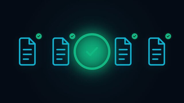 4K Digital Document Approval Workflow, Business Validation and Task Tracking Concept, Neon Checkmarks