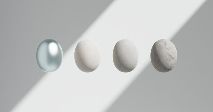 L&iacute;nea de Piedras Abstractas en 3D con Elemento Met&aacute;lico y Luz Diagonal sobre Fondo Gris
