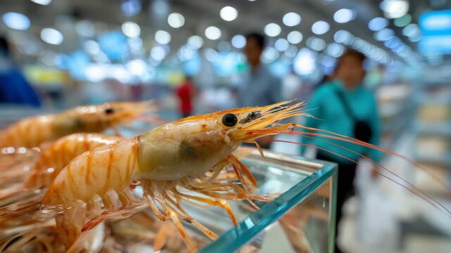 Tracking dolly shot of shrimp on glass seafood counter displayed in busy supermarket with shallow focus and bokeh background