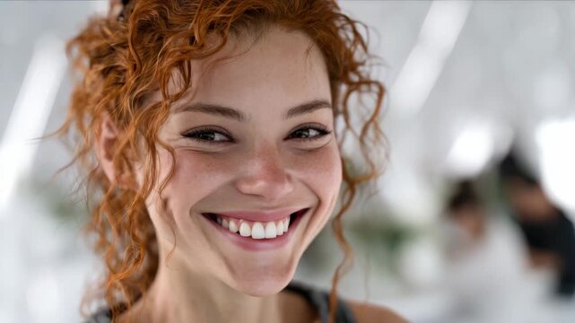 Tracking shot dolly slow motion close up of young woman changing expression into broad smile in bright indoor studio