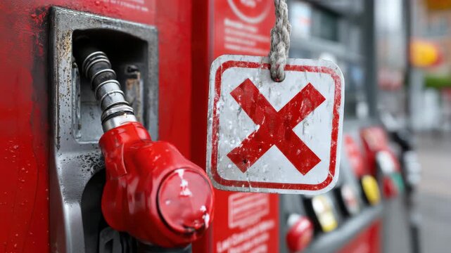 Tracking close up handheld tilt of red fuel nozzle hanging with out of service sign at gas station forecourt