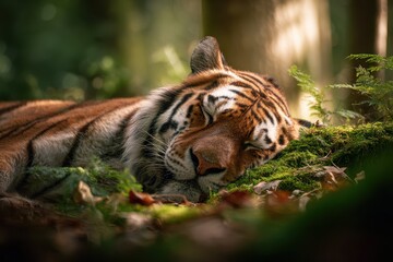 Fototapeta premium Serene tiger nap in lush jungle setting with warm golden tones