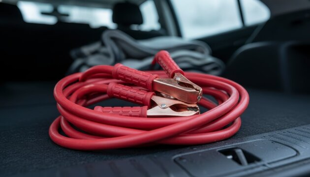 Red Jumper Cables in a Car Trunk for Emergency Start