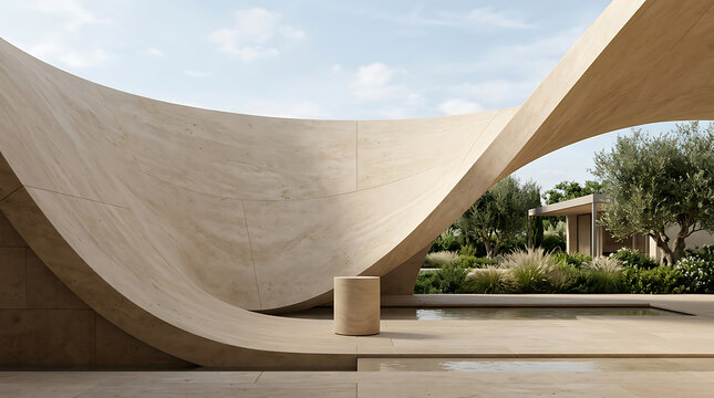 Graceful contemporary architectural structure with organic, flowing curves and natural textures, creating a serene outdoor oasis amidst lush landscaping and a tranquil water feature