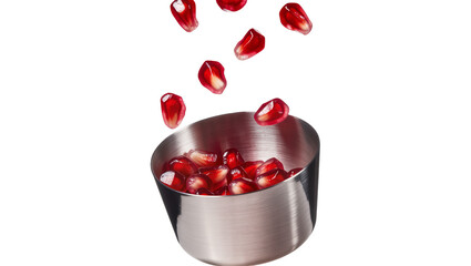 Shiny metal bowl filled with fresh pomegranate seeds, some falling isolated on transparent background © Mihai