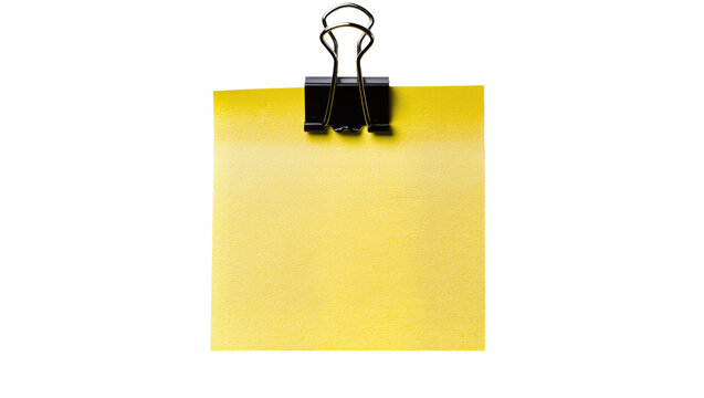 Yellow sticky note held by black binder clip, isolated on transparent background