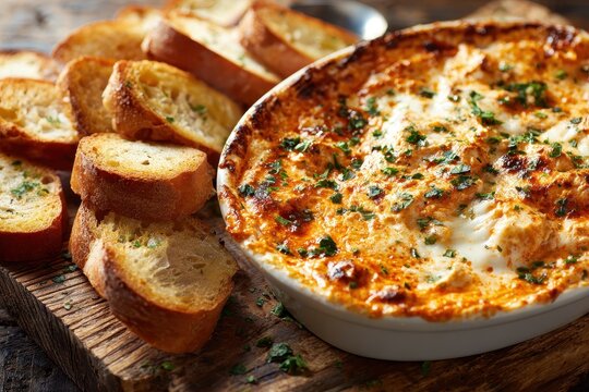 Savory baked buffalo dip served in a shallow dish with crusty bread for sharing