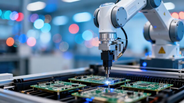 Robot arm assembling circuit boards