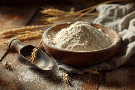 Rustic kitchen still life: spelt flour in a wooden bowl with measuring spoons and wheat stalks