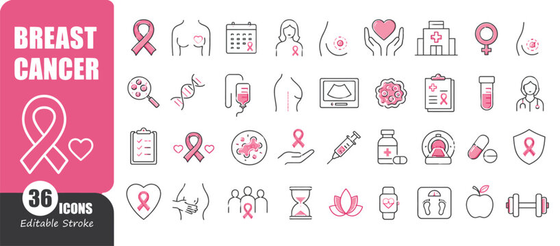 Breast Cancer Awareness Medical Line Icons Set for Oncology and Women Health
