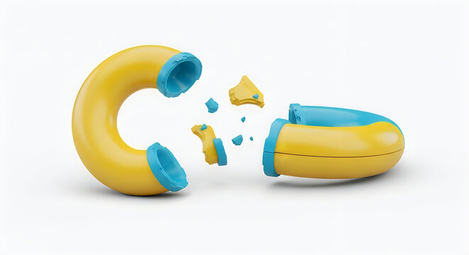 Broken yellow and blue plastic ring or curved pipe object, shattered conceptual element isolated on white background.