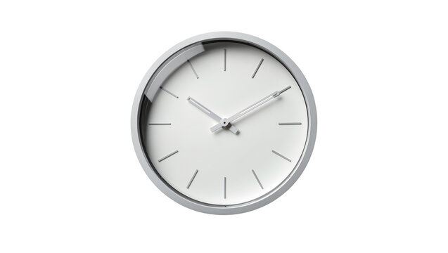 Minimalist white analog clock with thin silver hands, isolated on transparent background