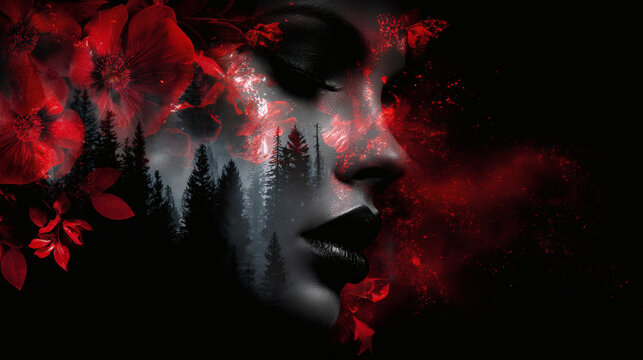 Double Exposure Portrait of Woman with Red Flowers and Dark Forest