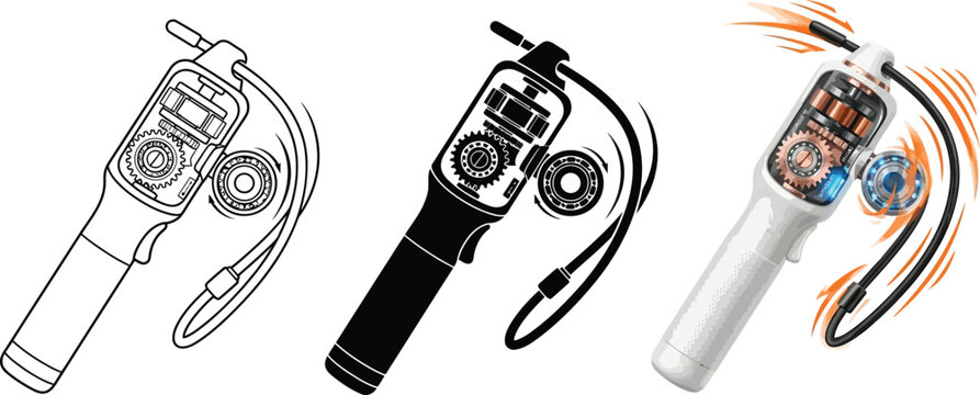 Industrial remote control vector illustration showing outline solid and detailed views with internal components and signal for tech