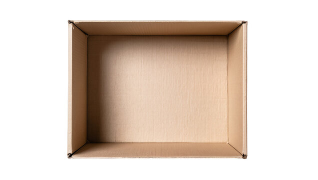 Empty open cardboard box with brown corrugated texture, isolated on transparent background