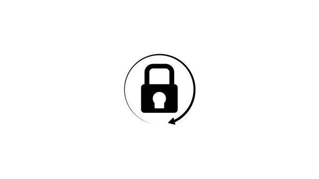 : Animated Black Security Lock Icon with Rotating Arrow on White Background for System Update and Secure Encryption.