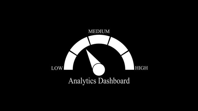 Analytics Dashboard Meter Animation with Pointer Measuring Business Success Levels on Black Background.