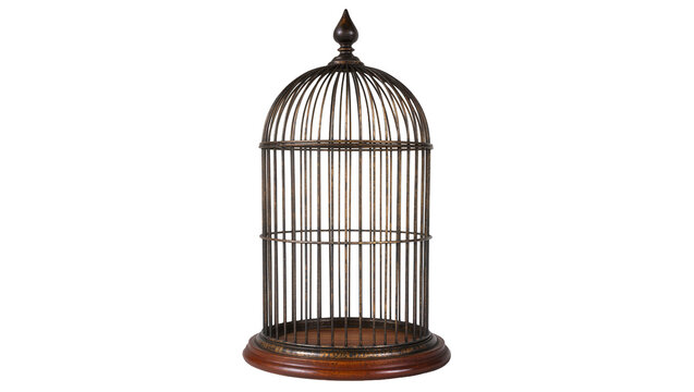 Ornate antique metal bird cage with wooden base, isolated on transparent background
