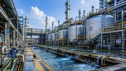 Fototapeta premium Chemical plant tanks and pipes in industrial processing facility