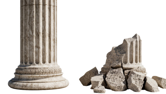 Marble Corinthian column and broken fragments, isolated on transparent background