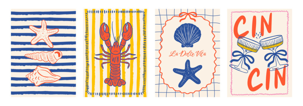 Set of trendy vintage posters featuring La Dolce Vita. Summer Italy. Vector design of minimalist retro doodle postcards. Suitable for seasonal design, menus, invitations, social media, T-shirt prints.