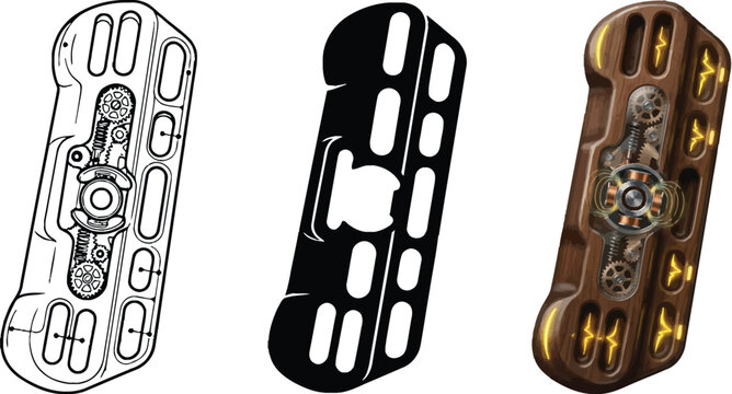 Steampunk fantasy shield with intricate mechanical details a vector illustration set including outline and silhouette versions ideal for gam