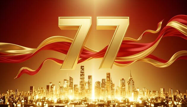 Golden 77 number with red and gold ribbons over cityscape