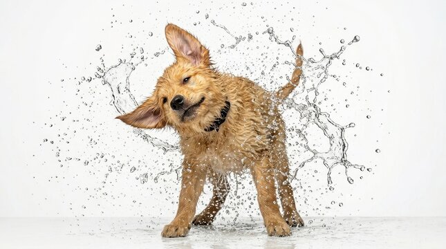 Playful puppy shaking water off after a bath, wet fur glistening in sunlight
