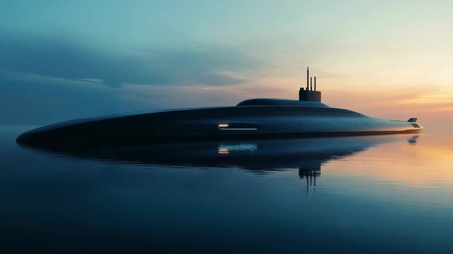 Advanced stealth submarine on smooth sea surface at sunrise with futuristic design and low profile silhouette showing naval defense technology underwater vessel innovation maritime security concept