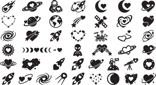 Space love vector icons set cute heart and rocket logo elements