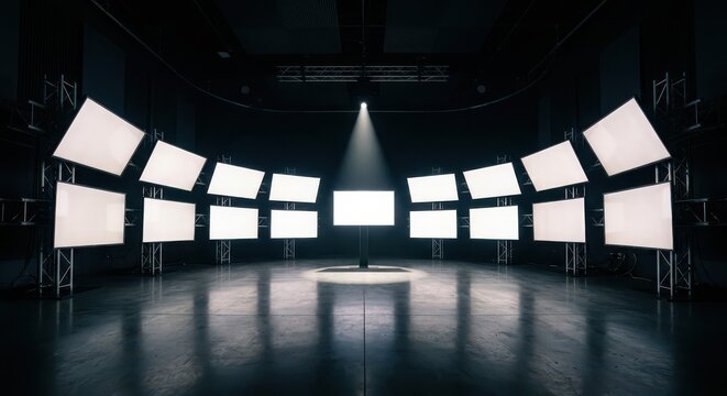 A dark studio with multiple illuminated blank screens arranged in a semicircle and one spotlight shining on the center floor.