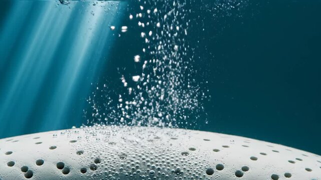 Showerhead releasing water bubbles underwater. Metal sprinkler head splashing in pool with light rays. Submerged bathroom fixture in blue liquid for plumbing test