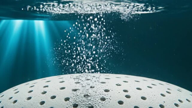 Porous white dome submerged in water with rising air bubbles. Aeration system operating underwater. Industrial oxygenation process for water treatment tank