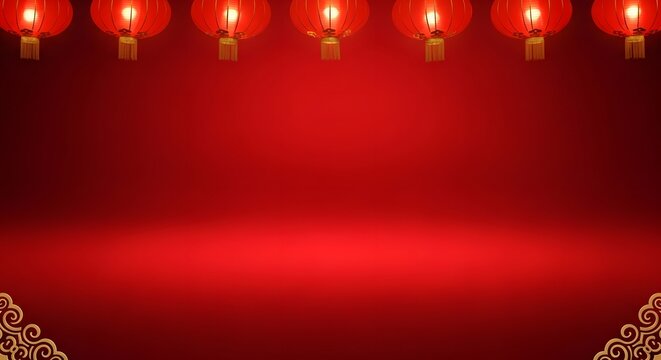 Chinese new year celebration backdrop with traditional red lanterns and ornamental swirls