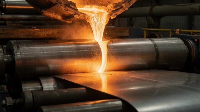 Medium shot of molten aluminum being poured into a twinroll caster highlighting the metallic rolls shaping the strip under industrial lighting