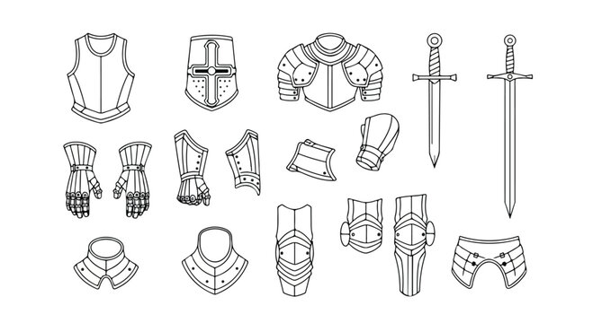 Collection of medieval armor and weaponry including helmets shields and swords for historical reenactments or cosplay