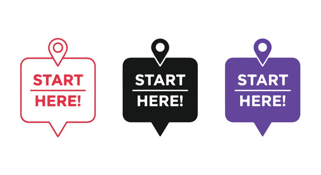 Three colorful start here signs in red black and purple with location pins for navigation or directions