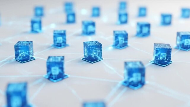 Blockchain data network with glowing blue interconnected cubes representing digital information, futuristic technology, and secure distributed ledger concept.