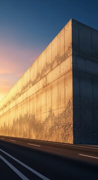 A massive, rough concrete wall completely stopping the forward movement along a paved road, representing a major obstacle or impasse, stoppage, shut down, dead end