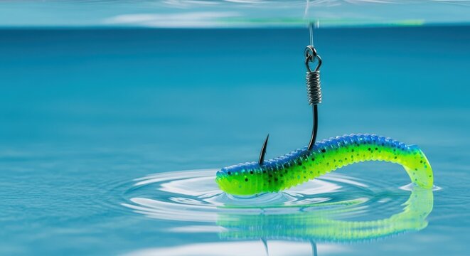 A sharp steel fishing hook carefully concealed by attractive artificial bait, resting near the water surface, ready for unsuspecting prey, fishhook, artificial, surface