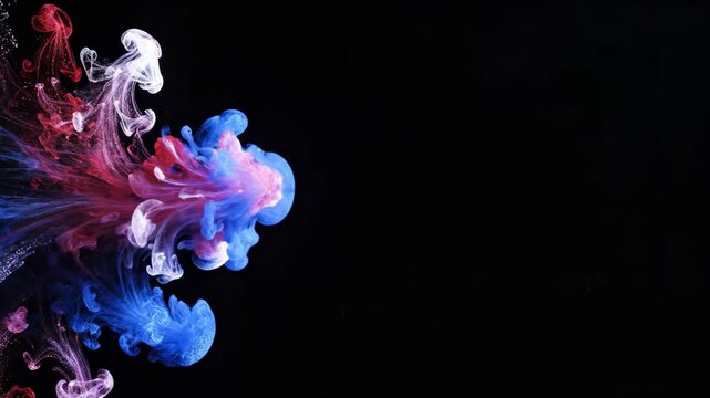 Red, white and blue ink clouds dispersing in black water. Liquid abstract macro sequence showing fluid interaction and mixing chemical pigments for scientific art