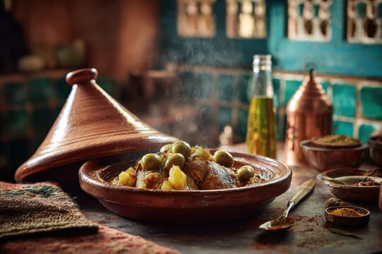 Slow-cooked Moroccan tagine featuring olive garnish and bright preserved lemon slices