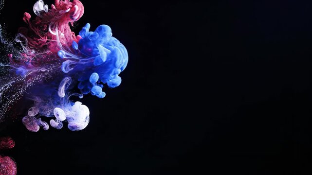 Red, blue and white pigments dispersing in clear liquid on black background. Abstract colorful ink cloud formation process. Fluid kinetic energy research motion