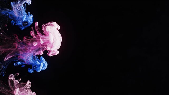 Pink and blue ink diffusing in water on black background. Fluid clouds of colorful pigment mixing in liquid. Abstract chemical reaction for artistic texture