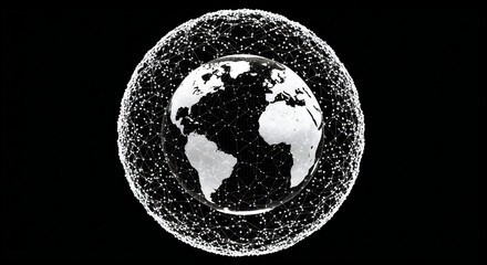 Fototapeta premium White glowing earth globe surrounded by an intricate digital mesh network against a deep black background for modern tech concepts