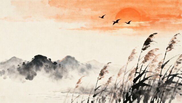 Sunset landscape with birds and reeds