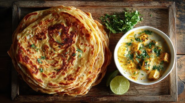 Overhead shot of layered parotta and creamy paneer curry, fresh garnish and warm kitchen vibe