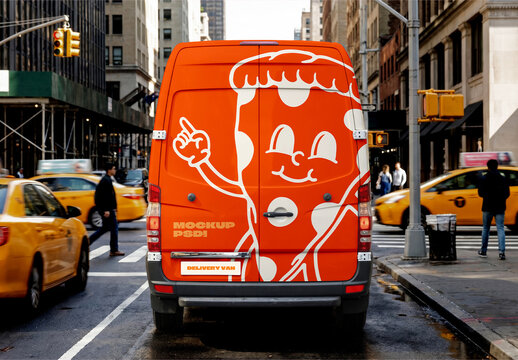 Delivery Van Rear View Mockup In Urban City Street Scene