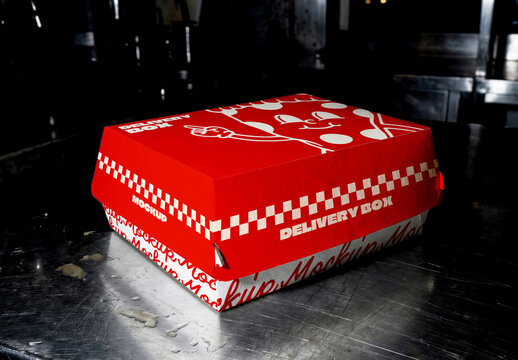 Food Delivery Box Mockup On Metal Counter Dark Scene