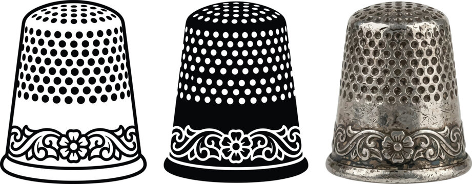 Set of vintage sewing thimbles featuring detailed vector illustrations and a realistic antique metal thimble ideal for craft and tailor desi